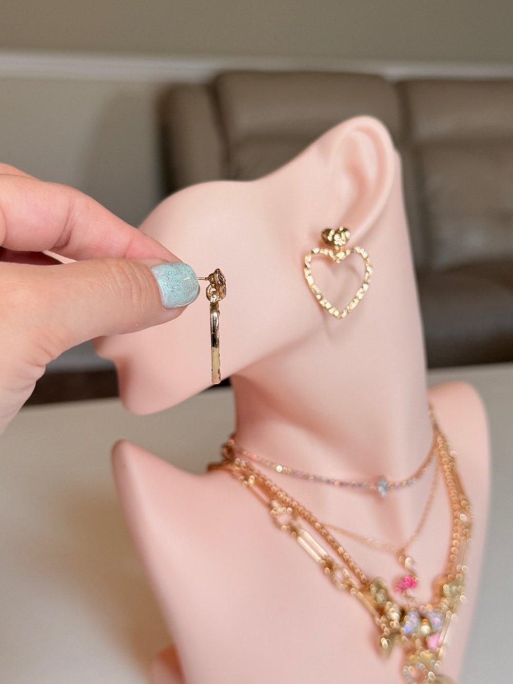 Gold Heart Drop Earrings - Picture 5 of 10